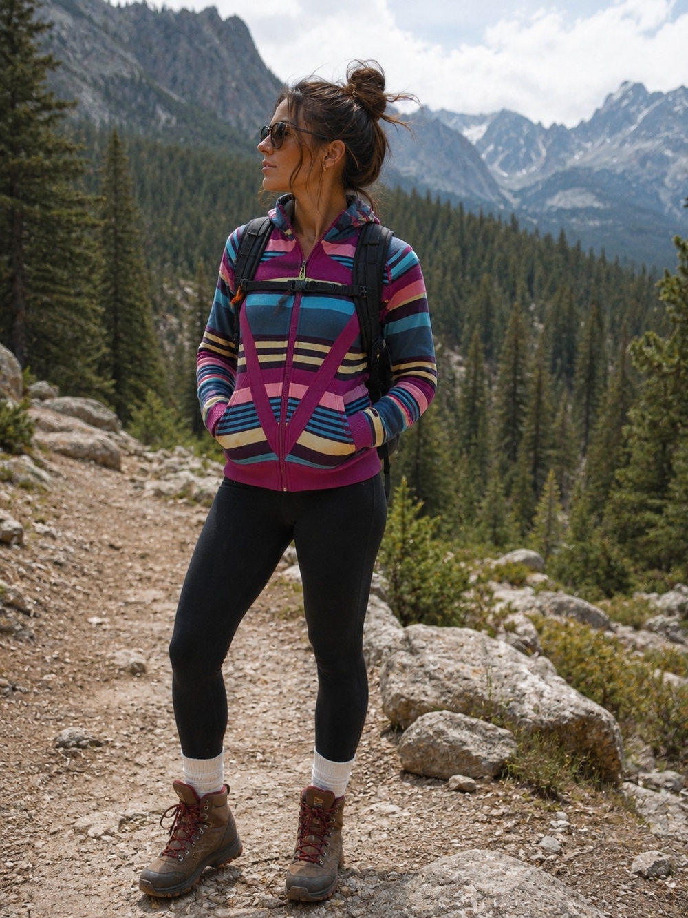 Striped Hooded Zip Jacket in Magenta and Teal